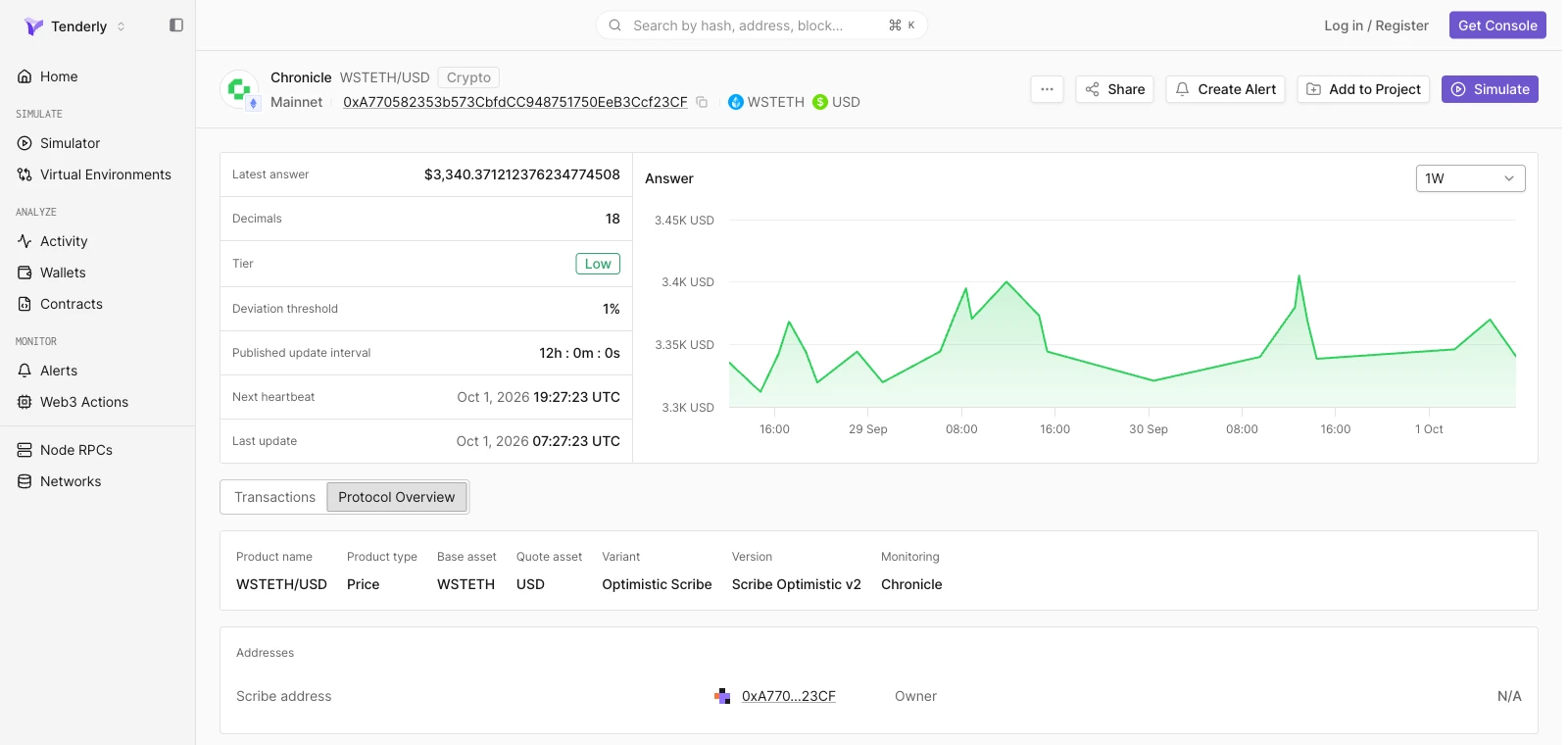 Chronicle WSTETH/USD feed पर Protocol Overview tab जिसमें product name, product type, base और quote assets, Optimistic Scribe variant, Scribe Optimistic v2 version, monitoring, और Scribe address दिख रहे हैं