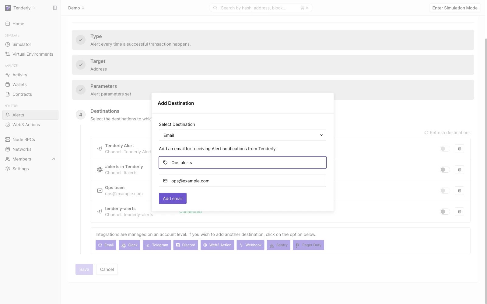 Email destination configurations