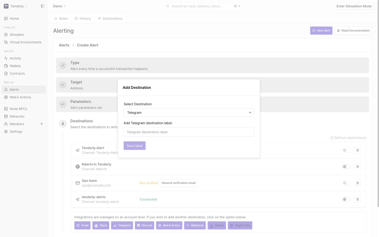 Telegram destination configurations