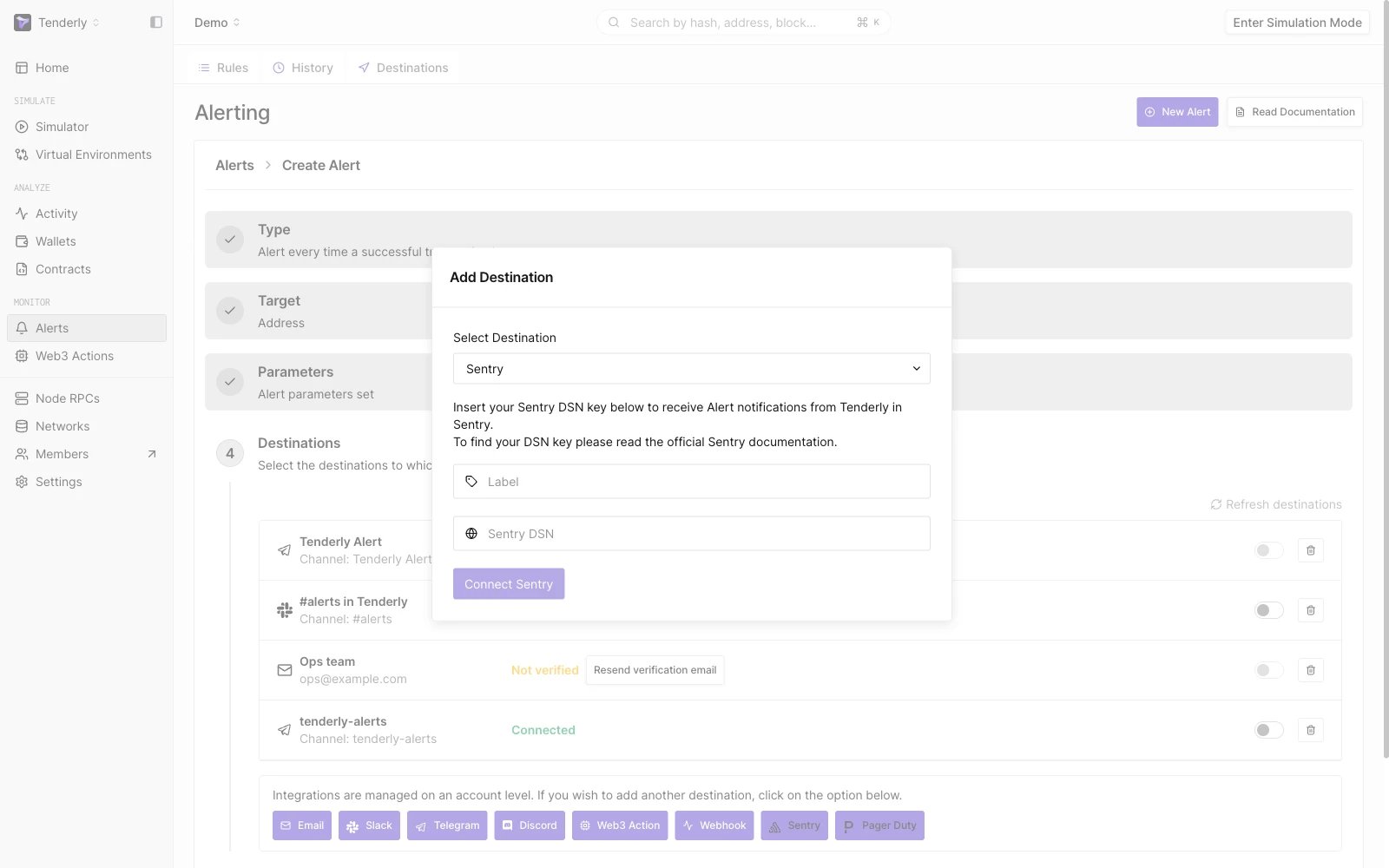 Sentry destination configurations