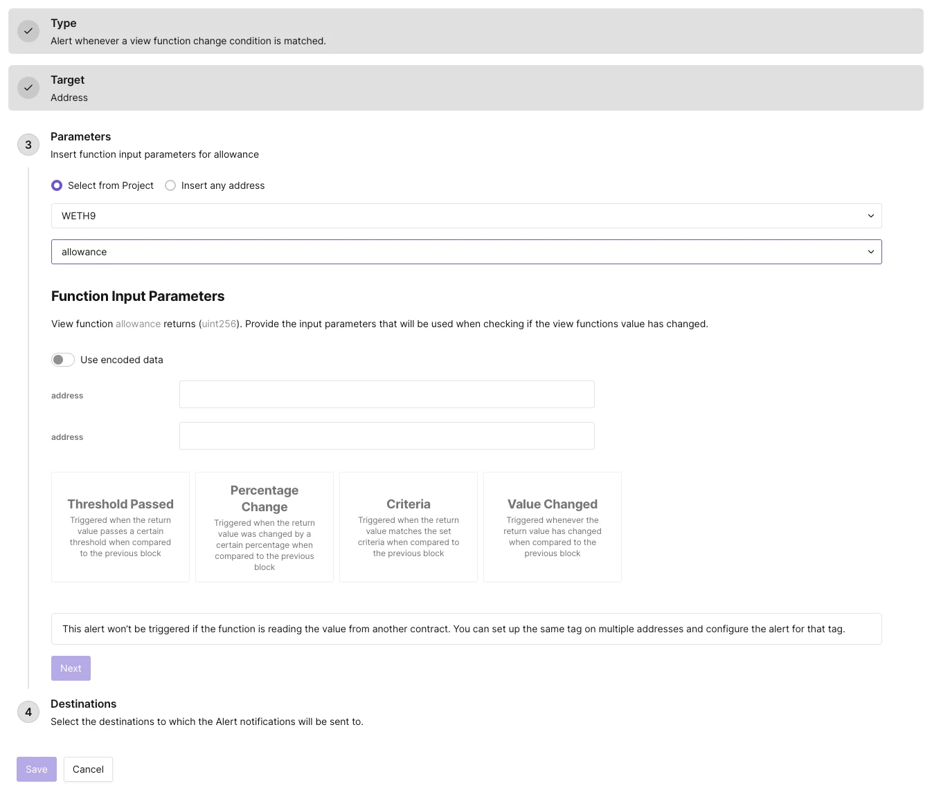 Parameters for the View Function Alert
