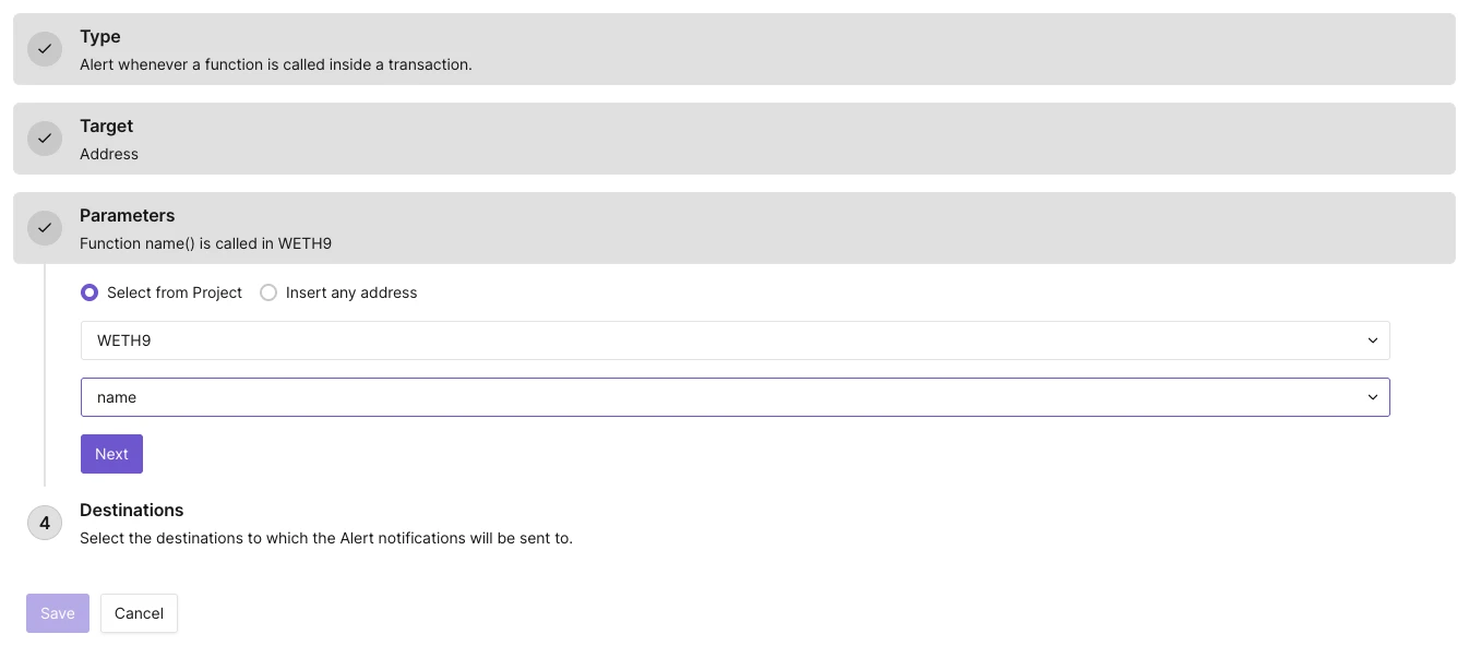Parameters for the Function Call Alert