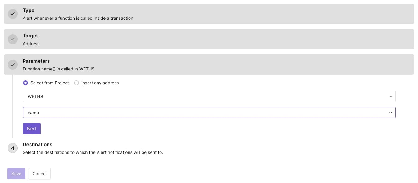 Parameters for the Function Call Alert