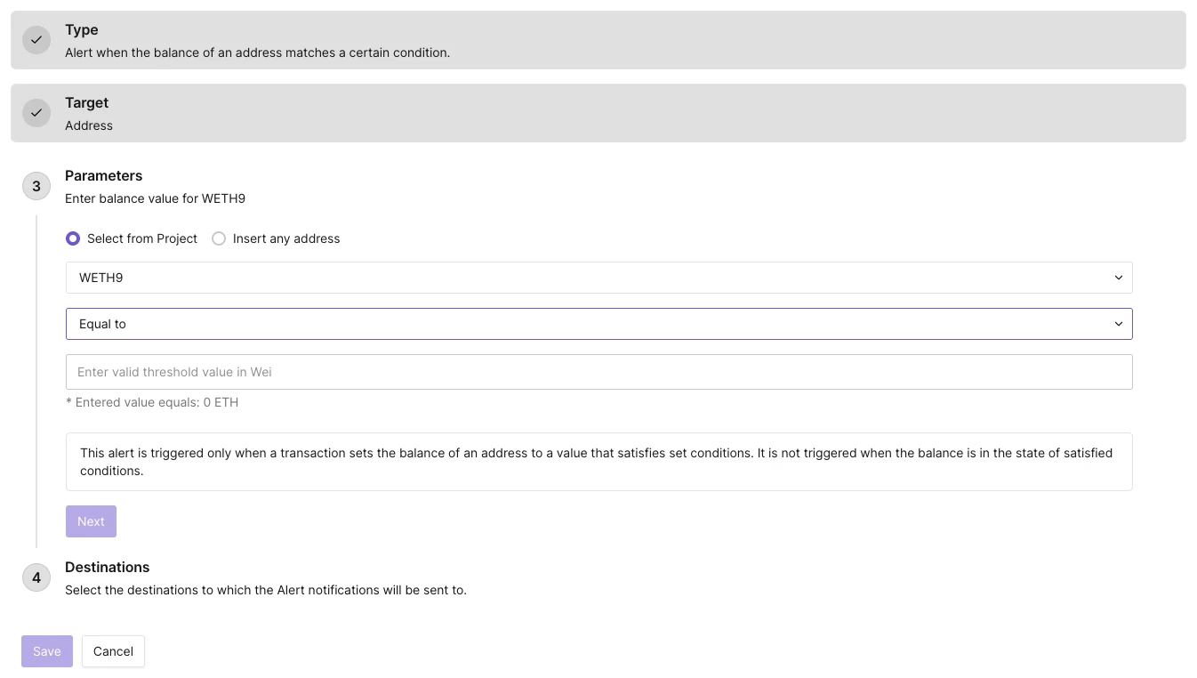 Parameters for the Balance Change Alert