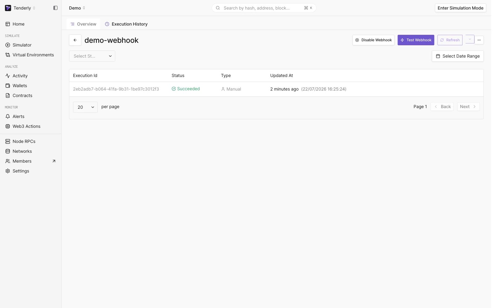 Webhook Execution History Page