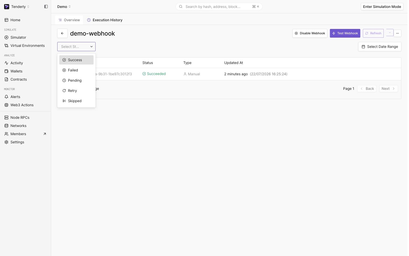 Select Webhook Status Dropdown