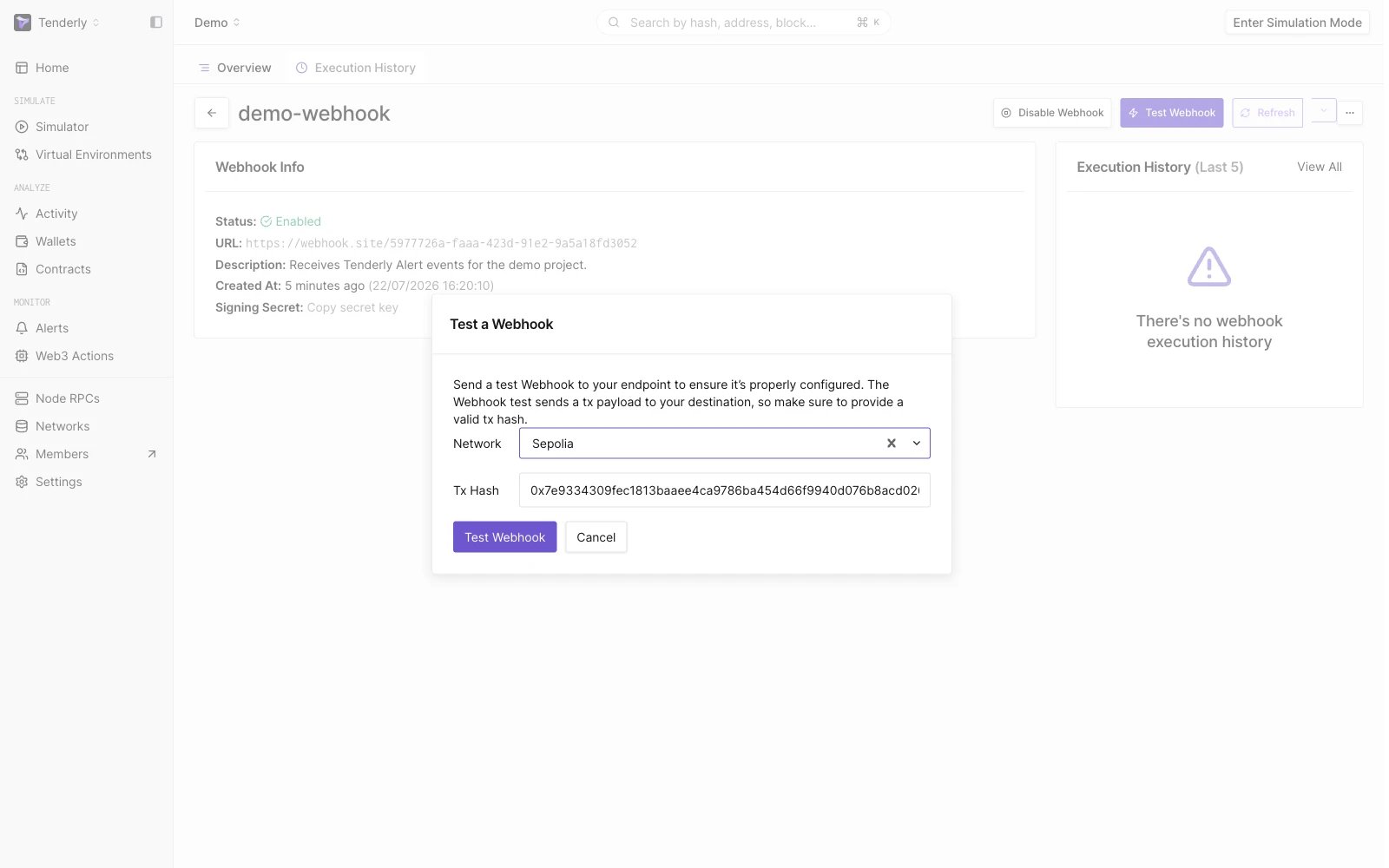 Testing webhook: paste the transaction hash
