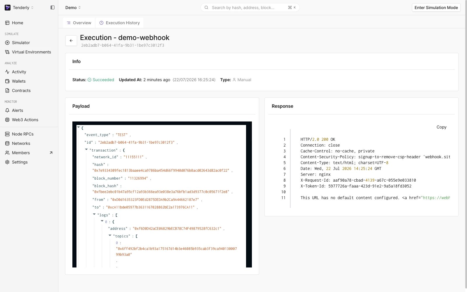 Result of a manual (test) execution of a webhook