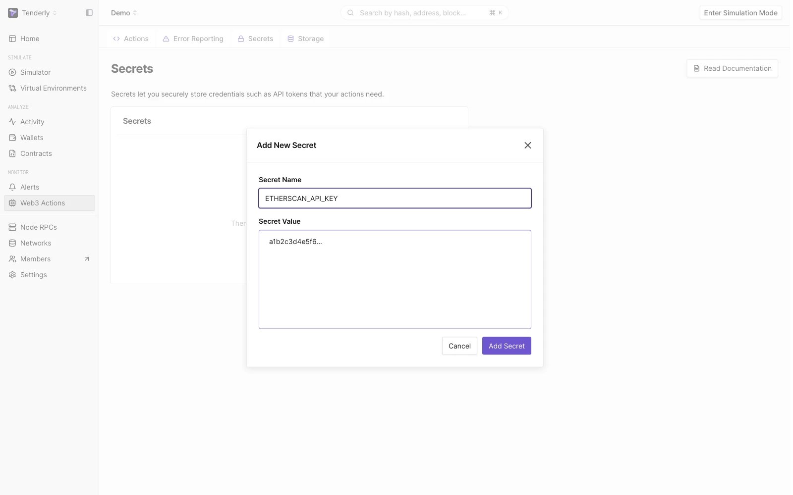 Saving your private key to Web3 Action Secrets