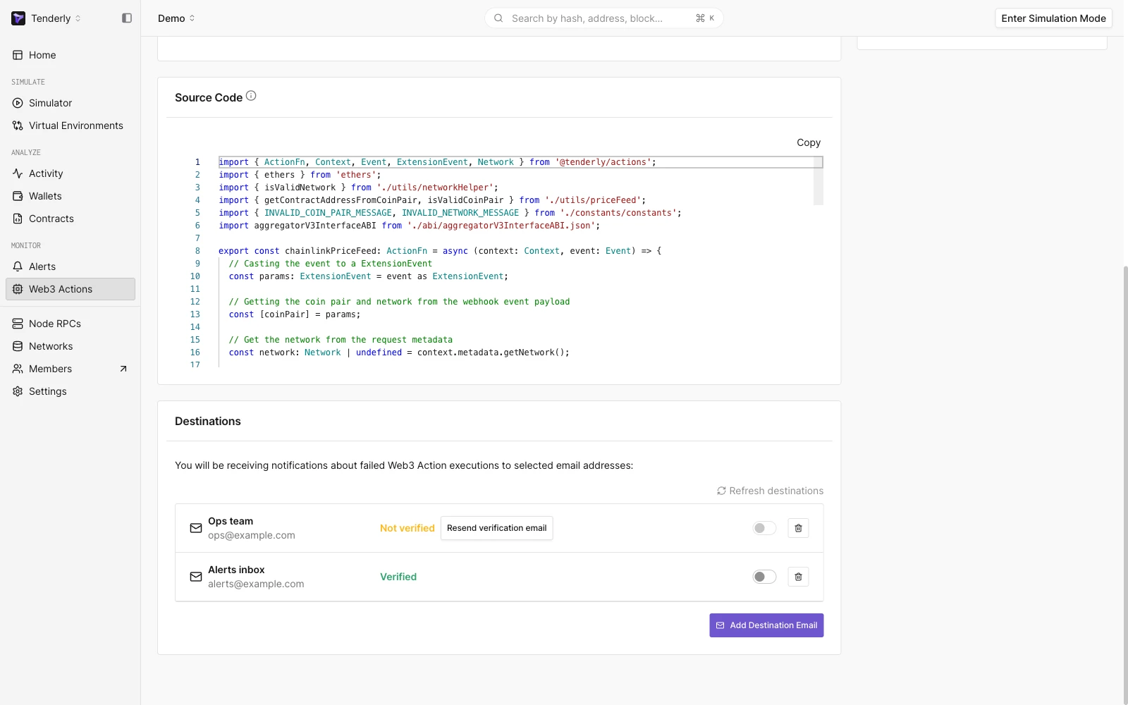 Choosing an email destination for Web3 Action notifications