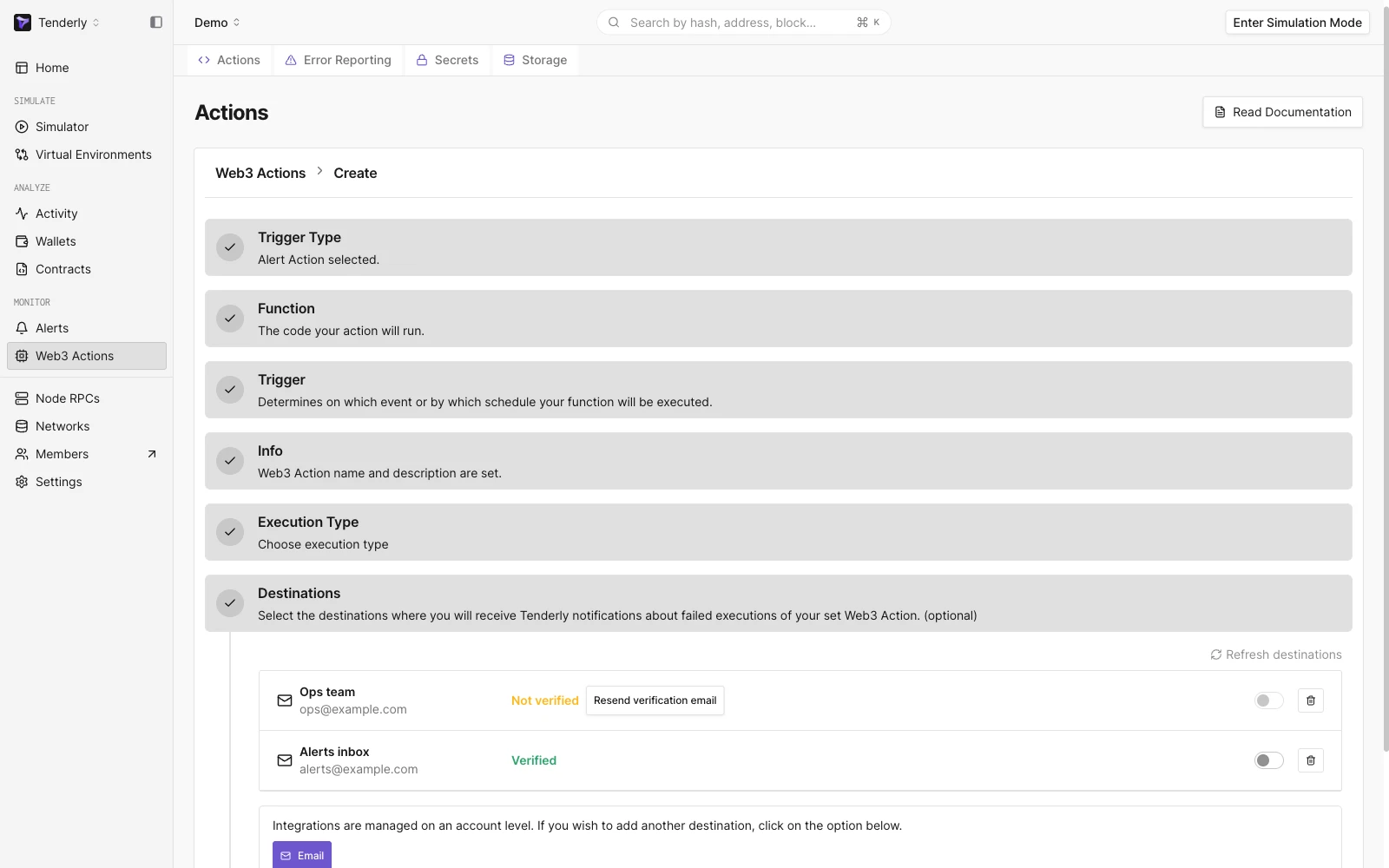 Choosing an email destination upon creating a Web3 Action 