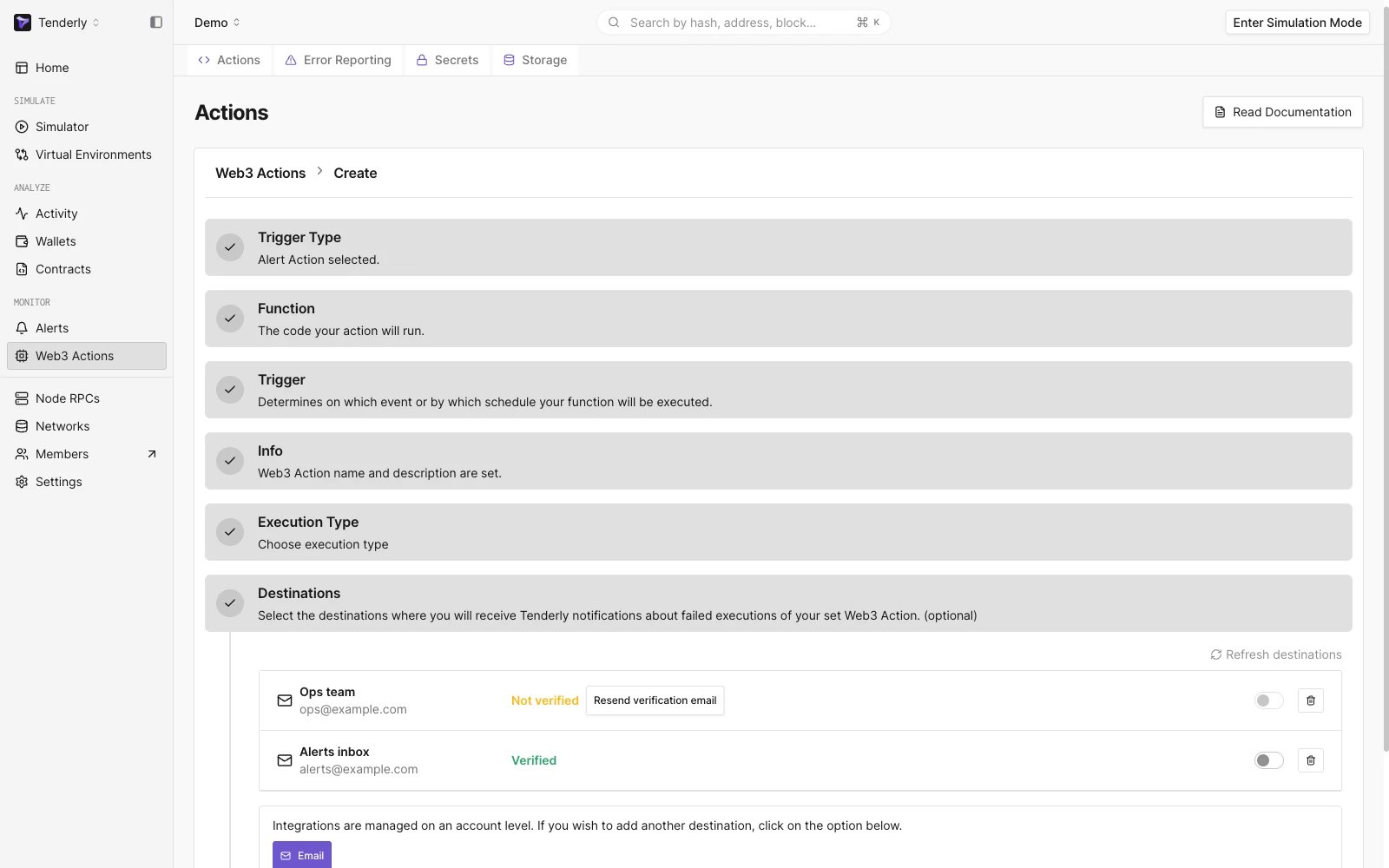 Choosing an email destination upon creating a Web3 Action