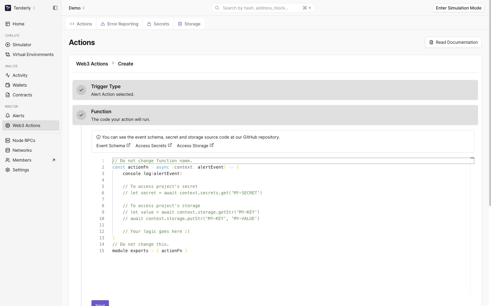 Custom code that is executed when the Web3 Action is triggered