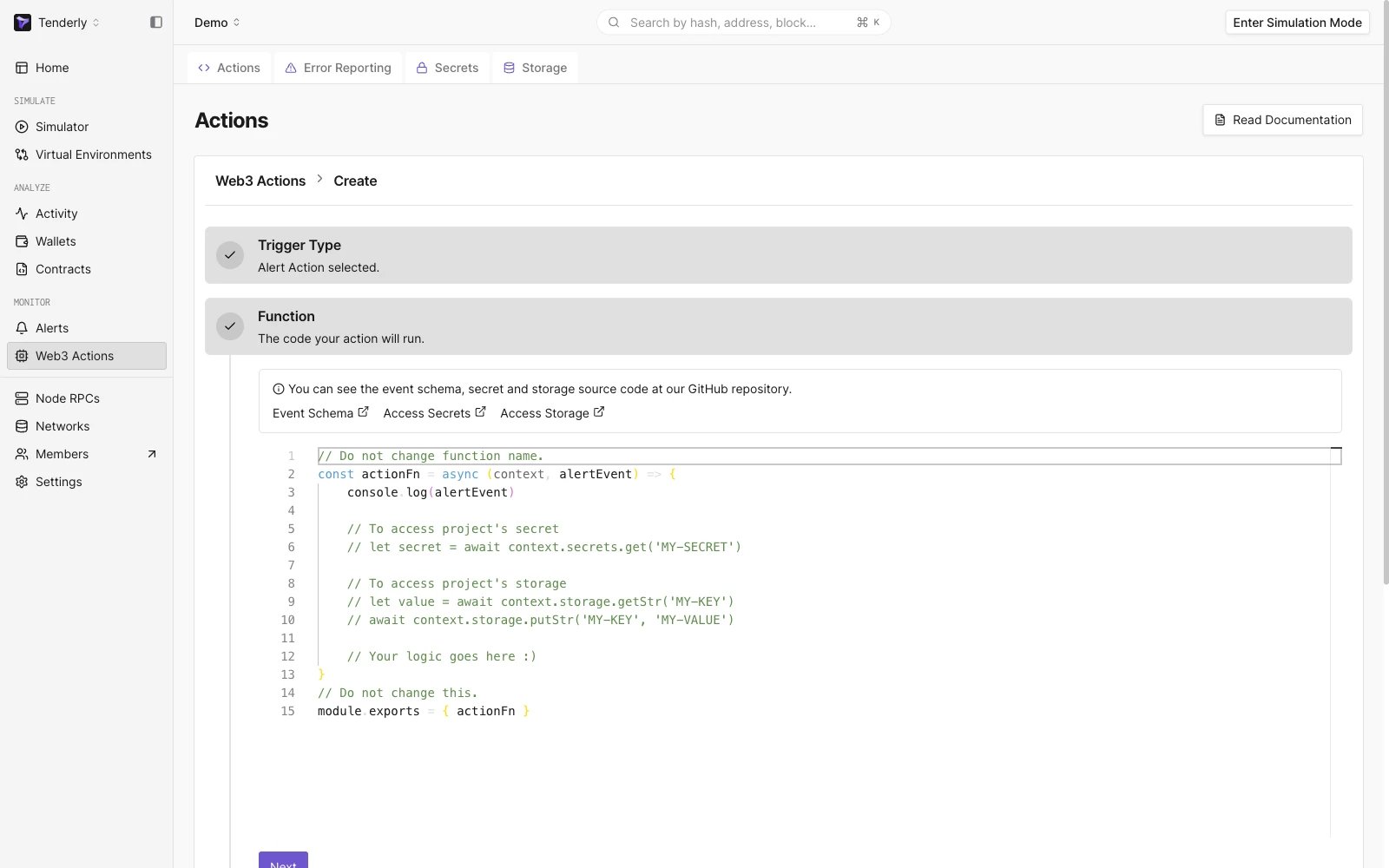 Custom code that is executed when the Web3 Action is triggered