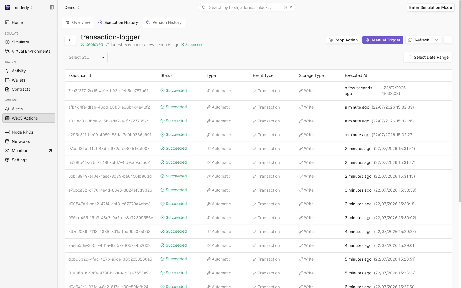 Web3 Action execution history
