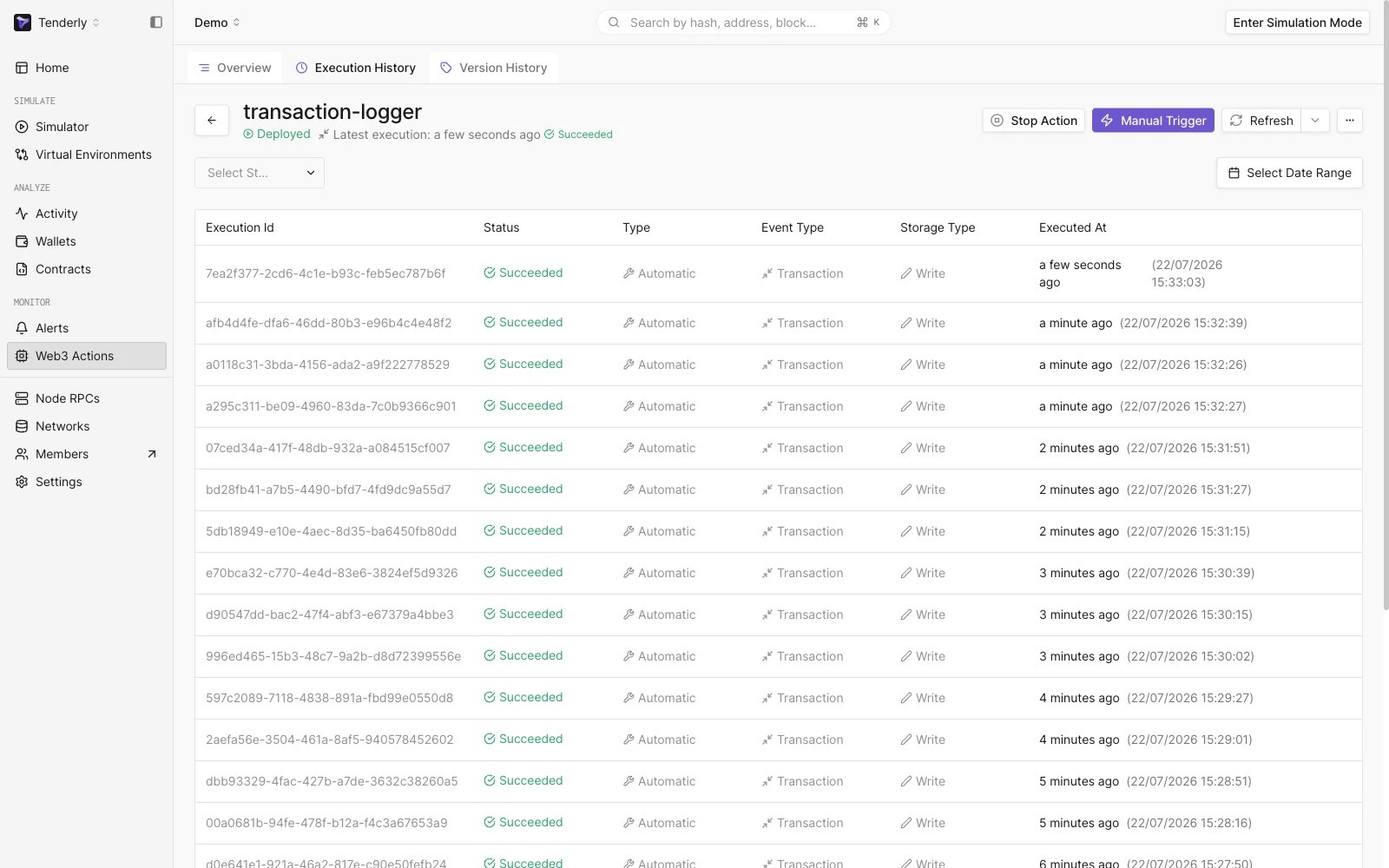 Web3 Action execution history