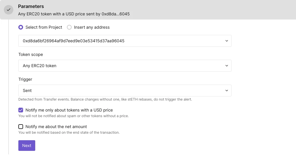 ERC20 Token Transfer alert parameters with the Any ERC20 token scope and the Notify me only about tokens with a USD price checkbox checked