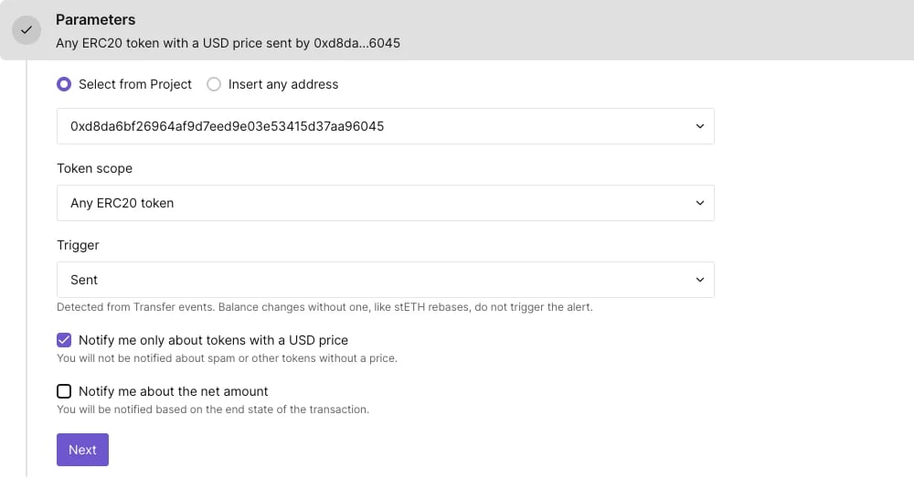 ERC20 Token Transfer alert parameters with the Any ERC20 token scope and the Notify me only about tokens with a USD price checkbox checked
