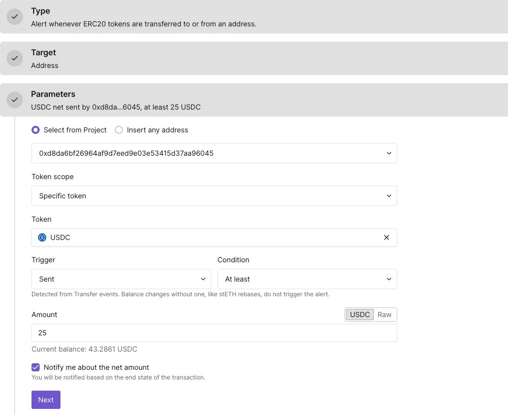 Parameters for the ERC20 Token Transfer Alert
