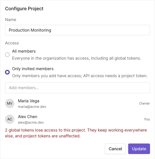 Configure Project dialog with the global token warning