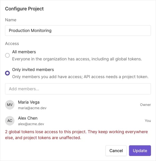 Configure Project dialog with the global token warning