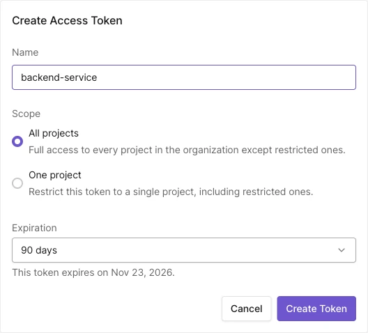 Create Access Token dialog
