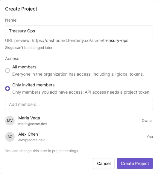 Create Project dialog with restricted access