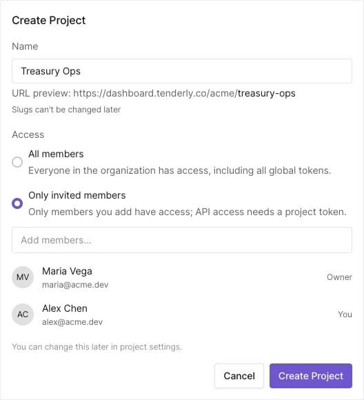 Create Project dialog with restricted access