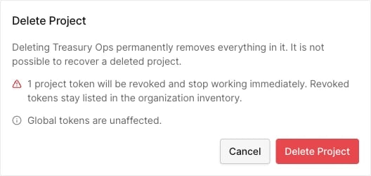 Delete project dialog with the token revocation warning
