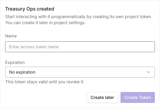 Project token offer after creating a restricted project