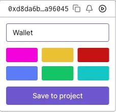 Address card for 0xd8da6b...a96045 with copy address, create alert, and simulate transaction icons, a label field set to Wallet, six color swatches, and a Save to project button