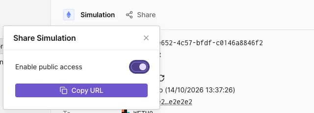 从 Simulation 标题旁的 Share 按钮打开的 Share Simulation 菜单,Enable public access 开关已打开,下方有 Copy URL 按钮