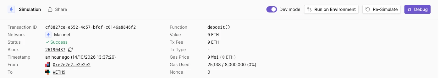 Simulation result header with Share next to the Simulation title, and the Dev mode toggle, Run on Environment, Re-Simulate, and Debug buttons, above the details of a WETH deposit simulation