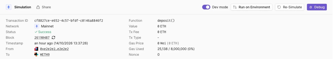 Simulation result header with Share next to the Simulation title, and the Dev mode toggle, Run on Environment, Re-Simulate, and Debug buttons, above the details of a WETH deposit simulation