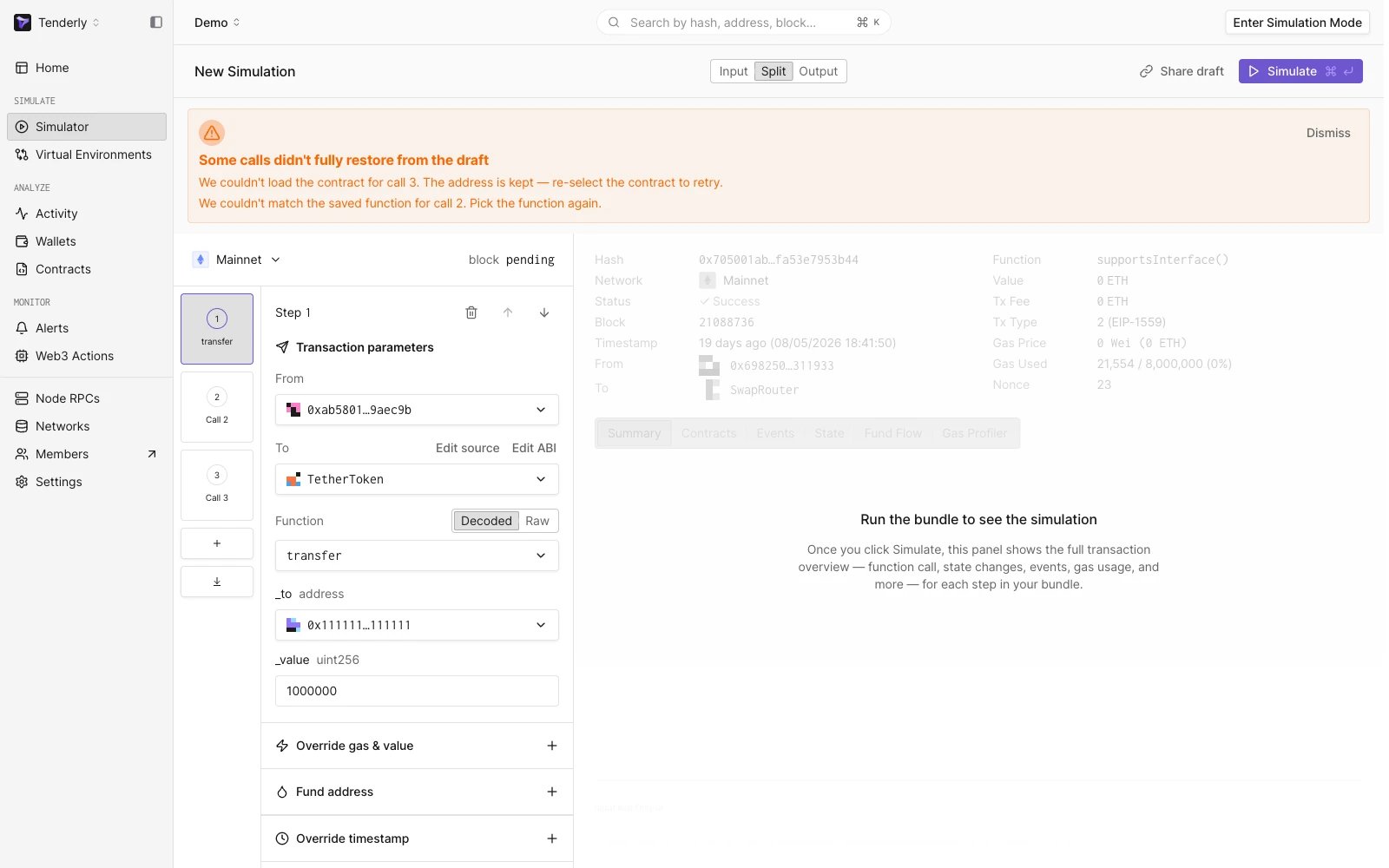 Simulator with a prefilled 3-call bundle and a warning banner listing the calls whose contract or function could not be restored