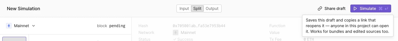 Simulator header with the Share draft button next to Simulate, and the tooltip explaining that the link works for bundles and edited sources