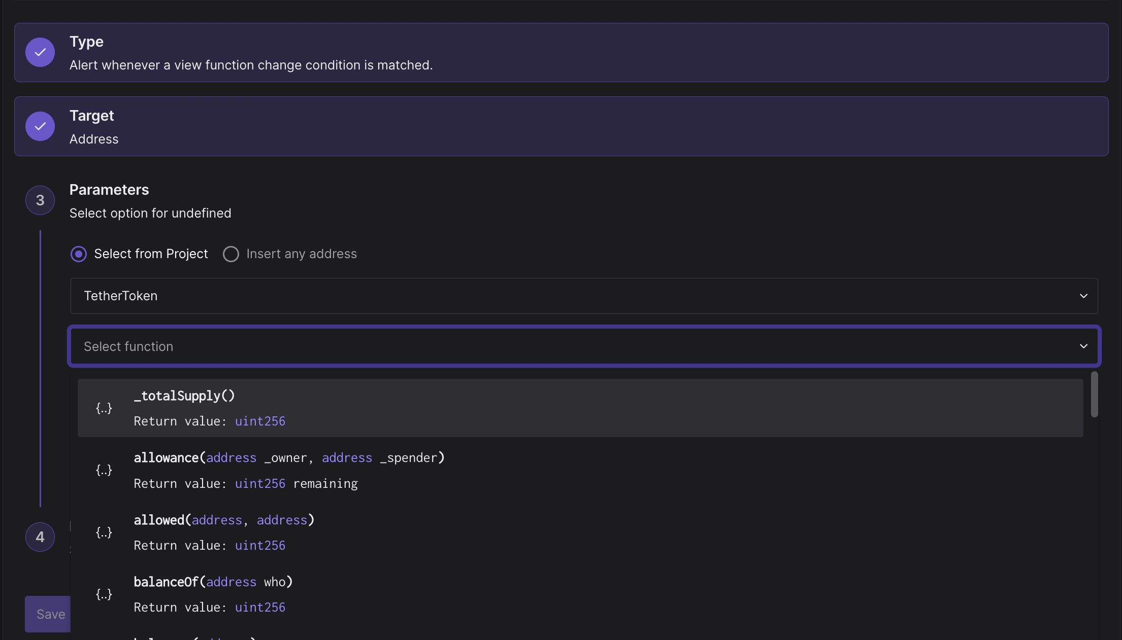 Parameters for the View Function Alert