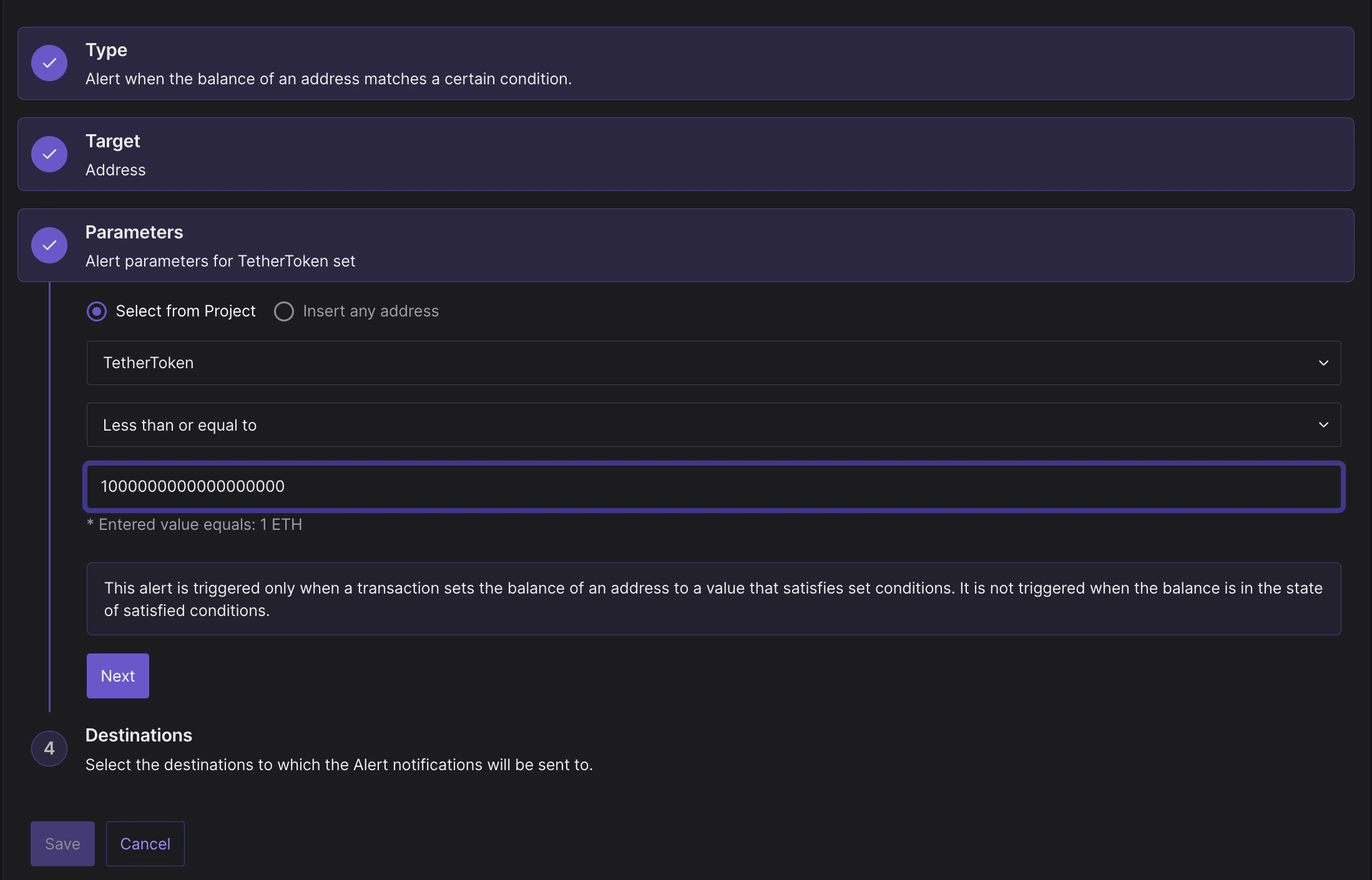 Parameters for the Balance Change Alert