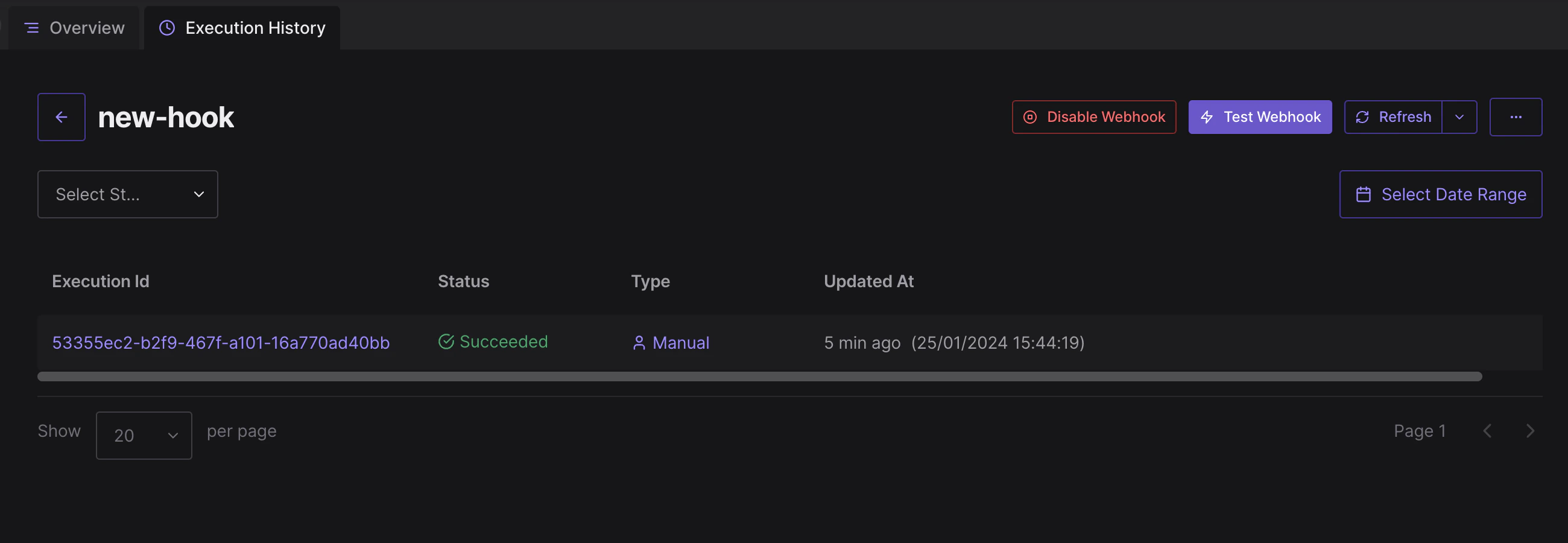 Webhook Execution History Page