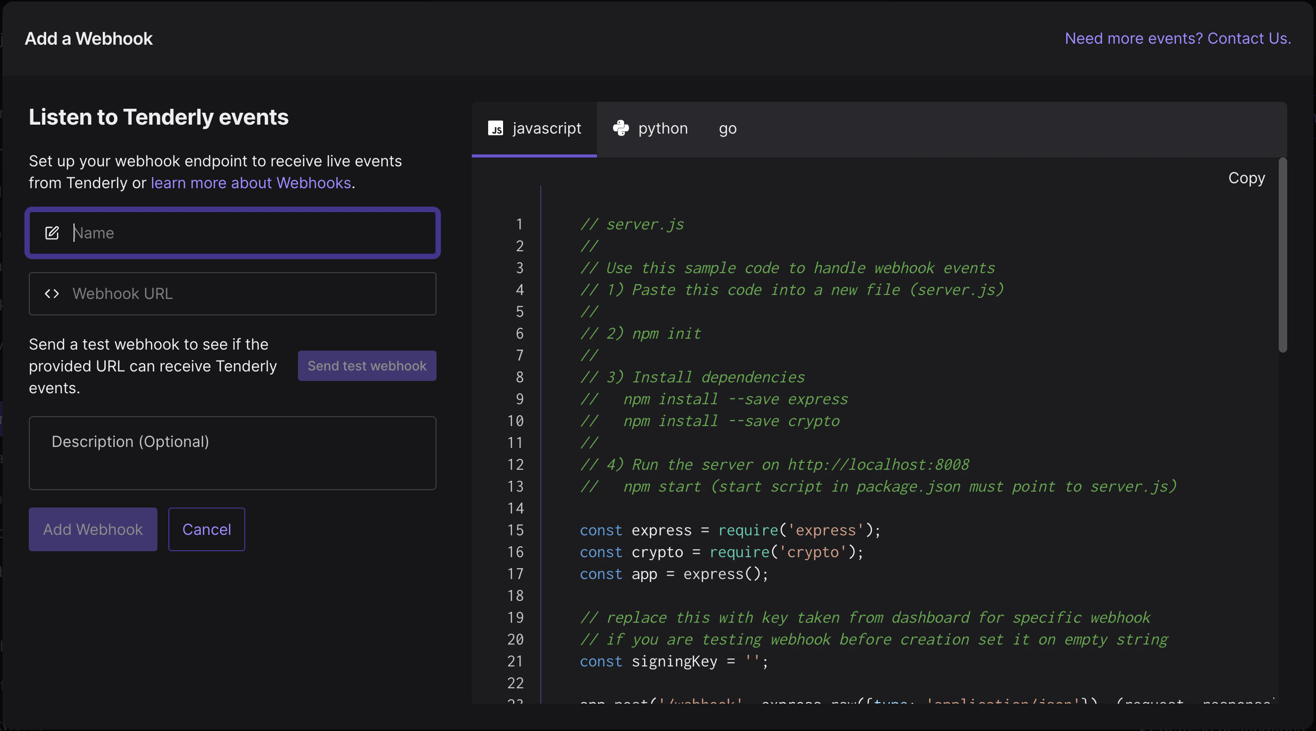 Webhook Modal Advanced Configuration Modal