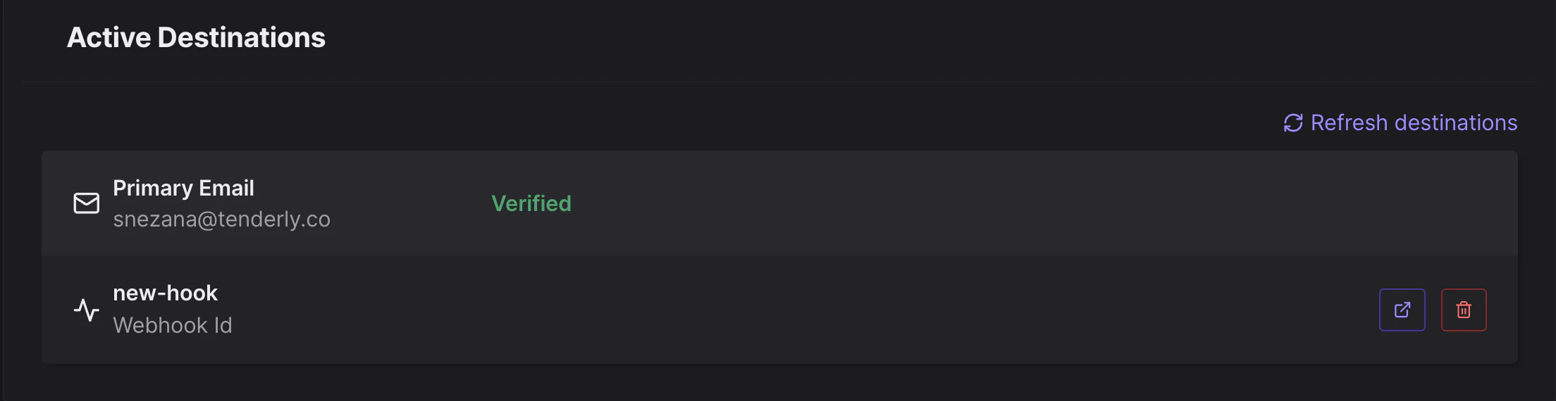 New Webhook is added to the active destinations list