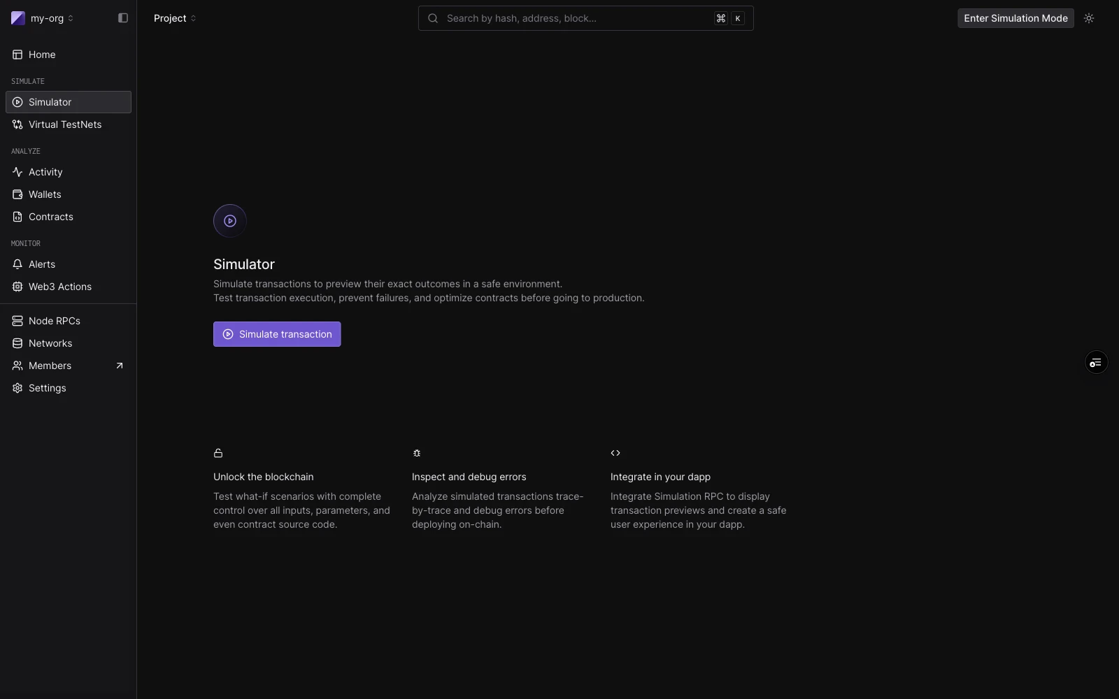 Tenderly Simulator landing page showing the Simulate transaction button and three feature cards: Unlock the blockchain, Inspect and debug errors, Integrate in your dapp
