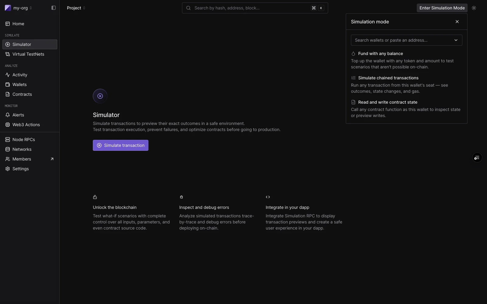 Simulation Mode side panel open from the Enter Simulation Mode button, showing wallet search input and three capability descriptions