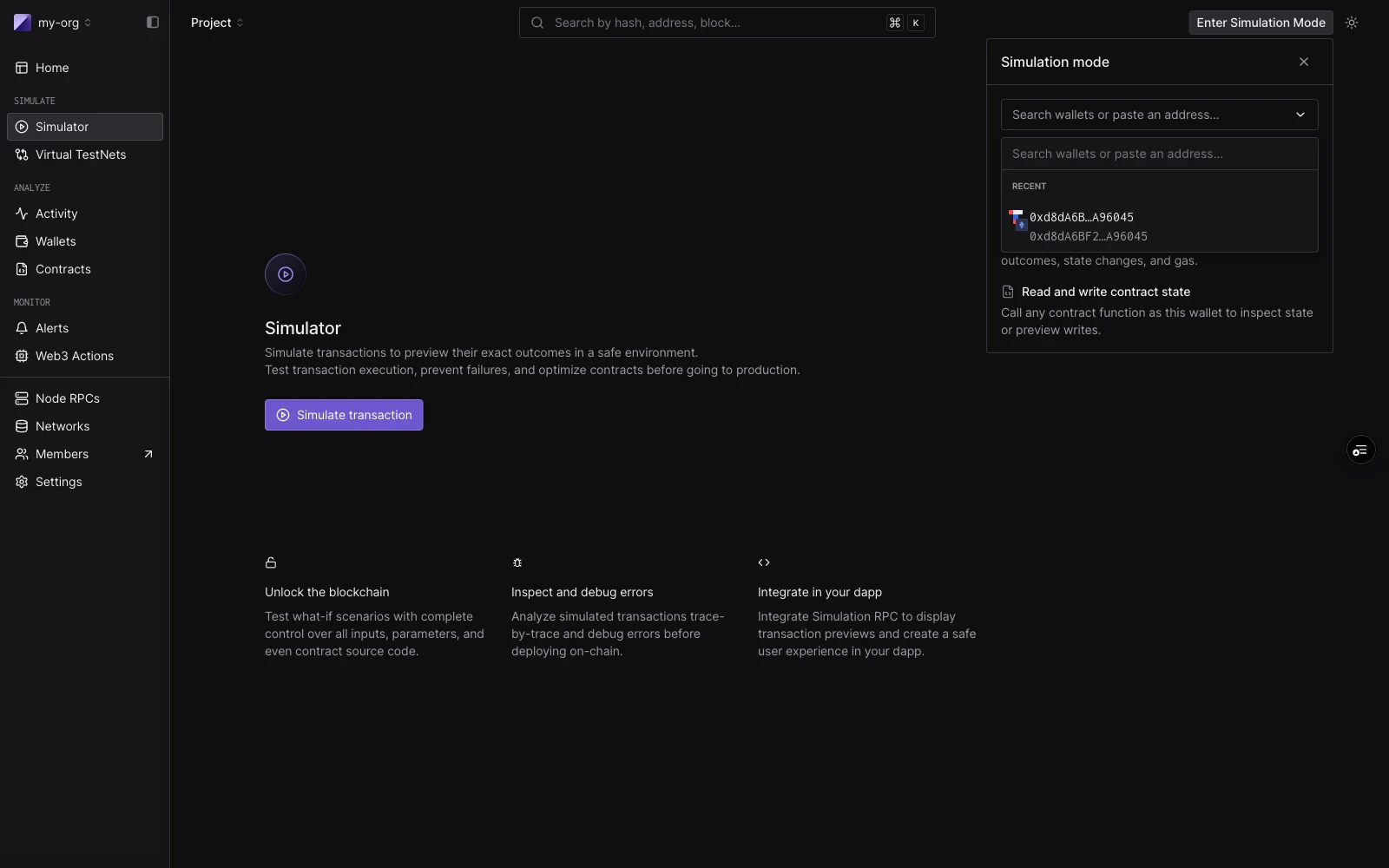 Top bar showing Enter Simulation Mode button and the Simulation Mode panel with wallet search input expanded