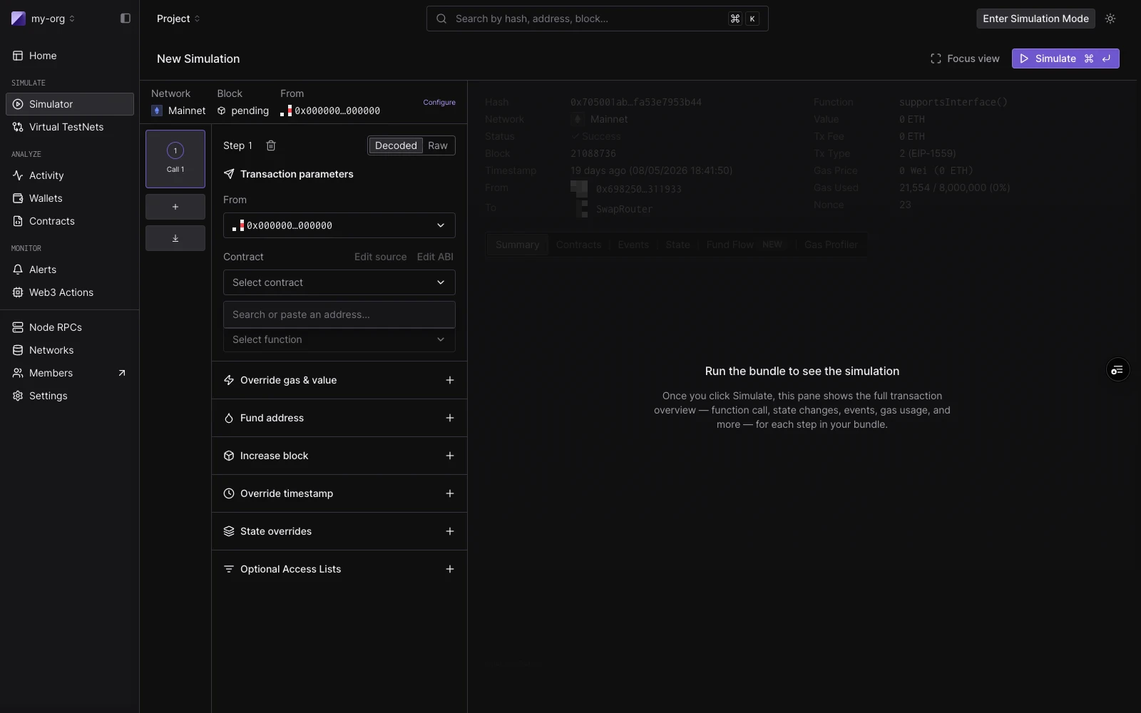 New Simulation builder showing session strip with network and block selectors, transaction parameters (From, Contract, Function), and collapsed cheatcode sections for Override gas, Fund address, Increase block, Override timestamp, State overrides, and Optional Access Lists