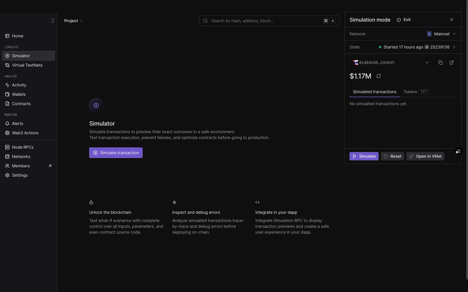 Simulation Mode panel showing the Simulated transactions tab with empty session log and the Simulate / Reset / Open in Virtual Environment action bar pinned to the bottom