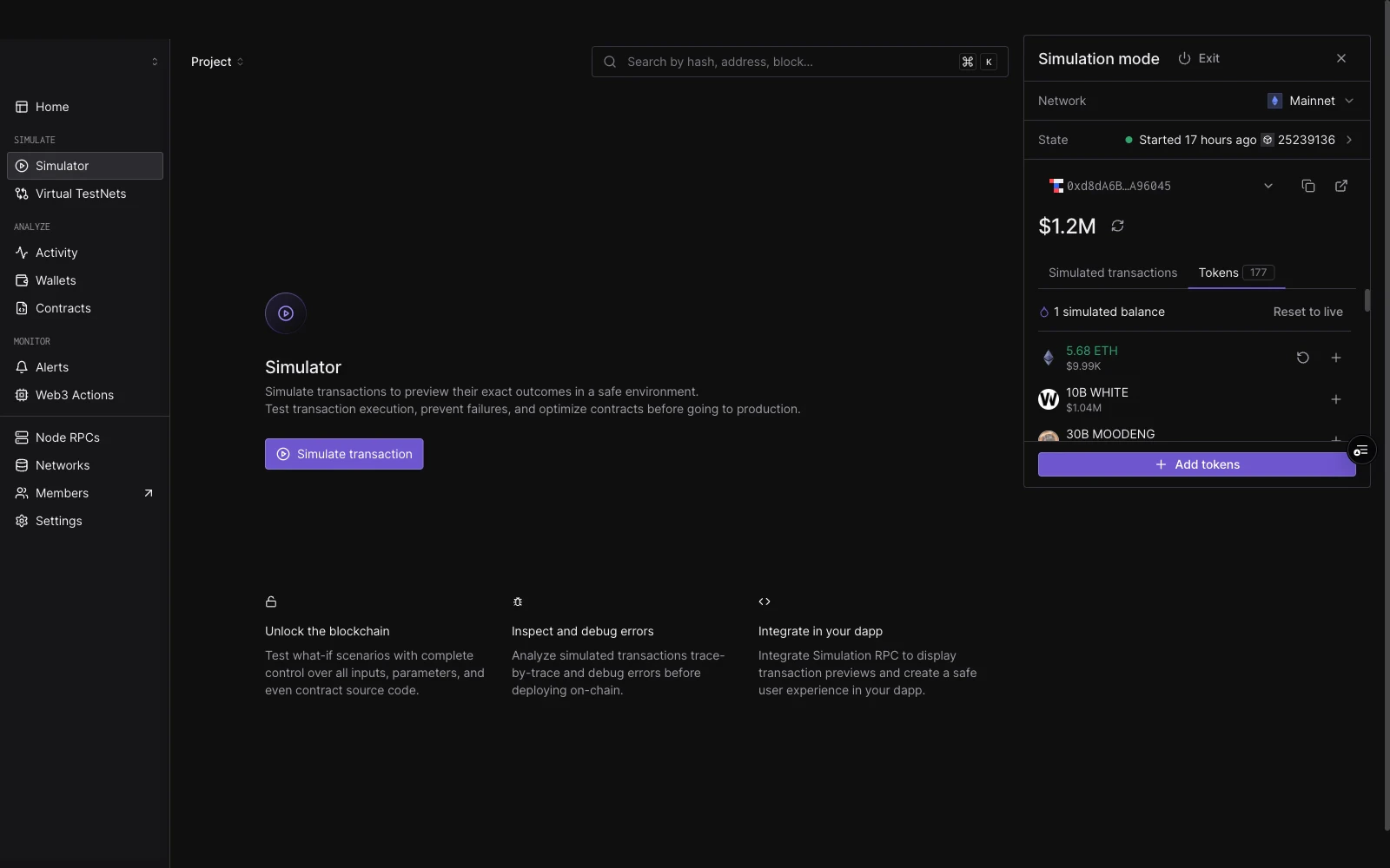 Simulation Mode Tokens tab showing 1 simulated balance badge, Reset to live link, and the ETH row with an amount-to-add input field open alongside other token rows