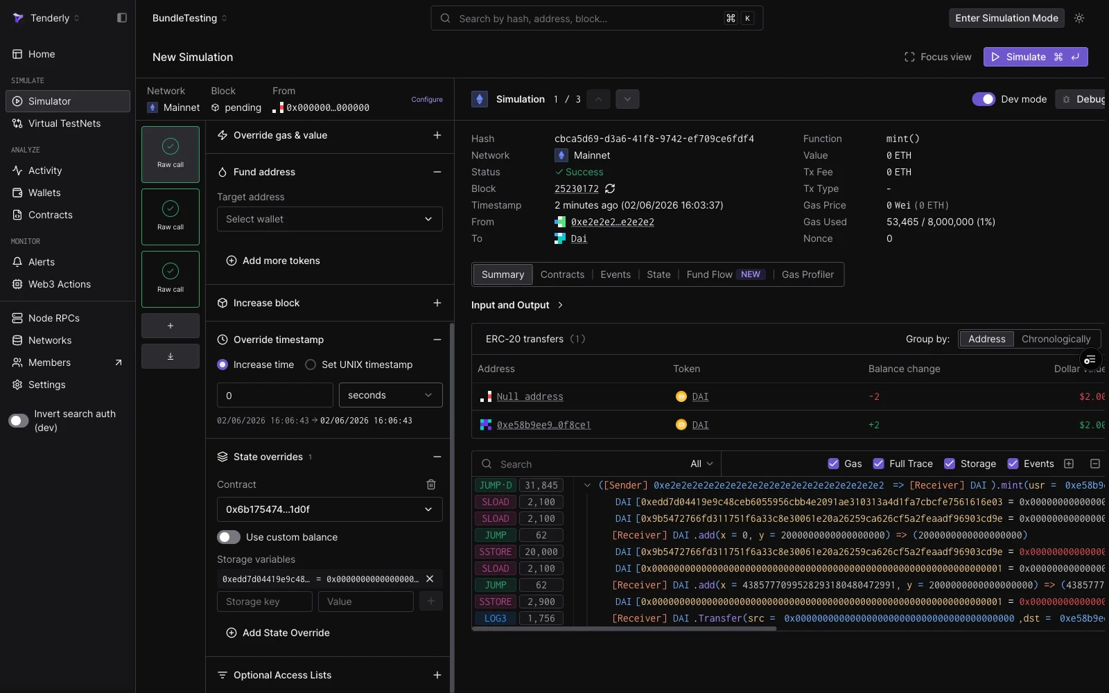 Step editor showing Fund address, Override timestamp, and State overrides cheatcodes expanded