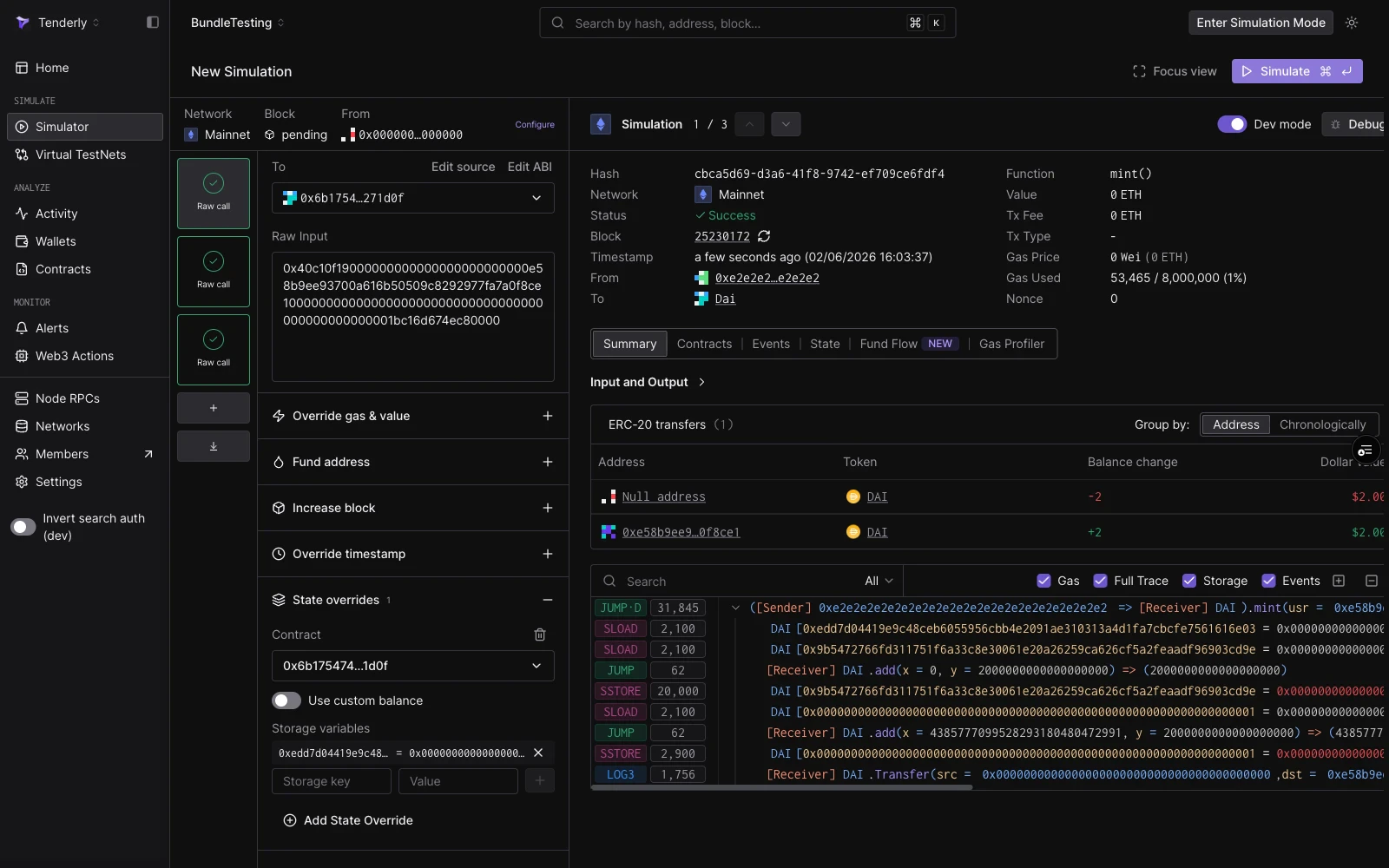 Step 1 mint transaction configured with state override