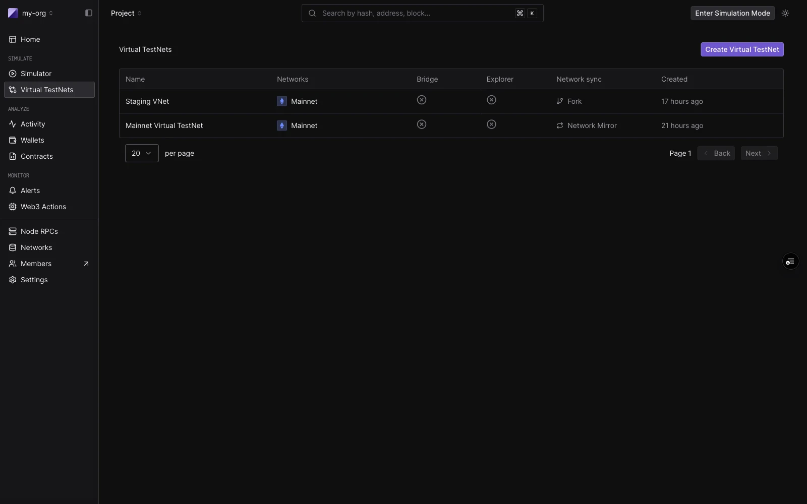Virtual Environments list showing one Virtual Environment with Mainnet network, Network Mirror sync mode, and created timestamp